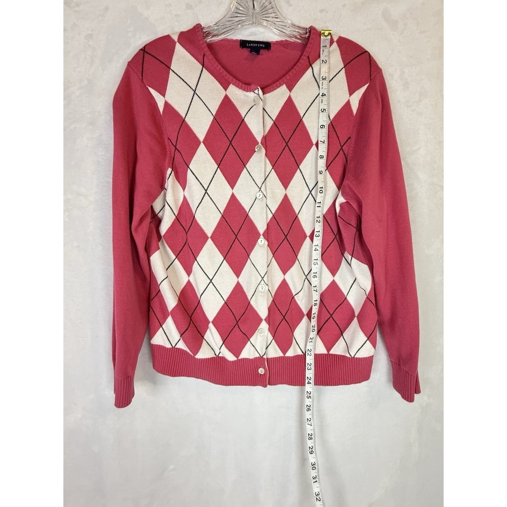 Lands End‎ Pink Argyle Cardigan L Supima Cotton Preppy Classic Sweater - Picture 3 of 10
